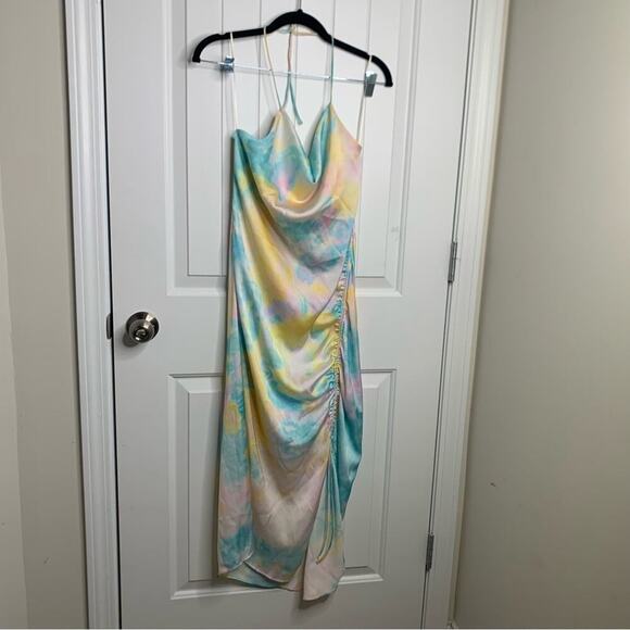 Zara pastel tie dye satin rainbow ruched ruched midi dress blogger size XS - Picture 4 of 11
